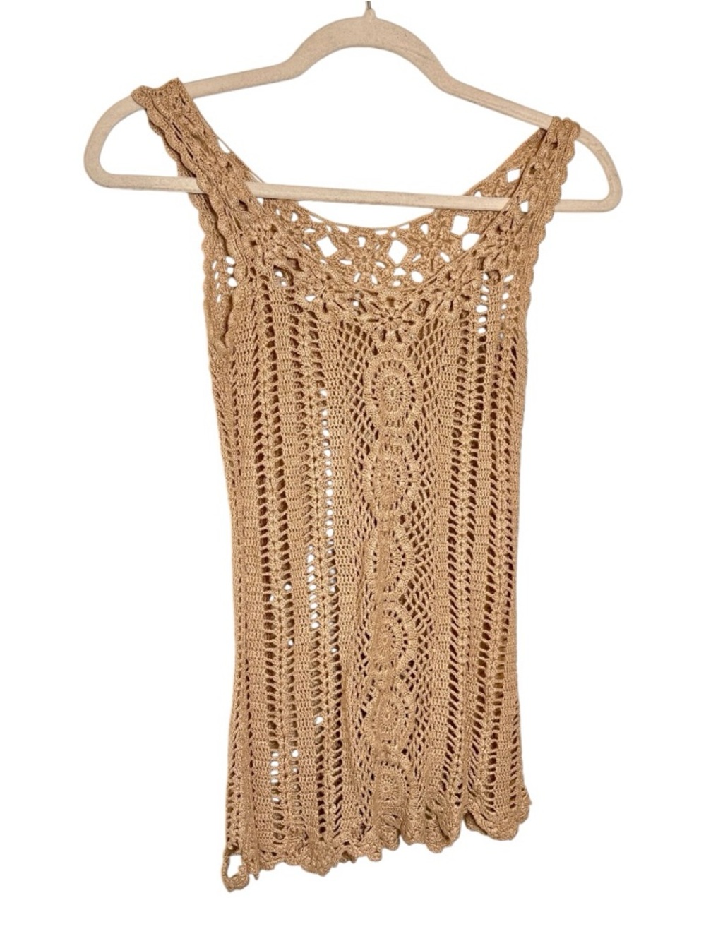 Tan Crochet Knit Tank Boho Hippie Open Knit Festival Top Small - Picture 2 of 4